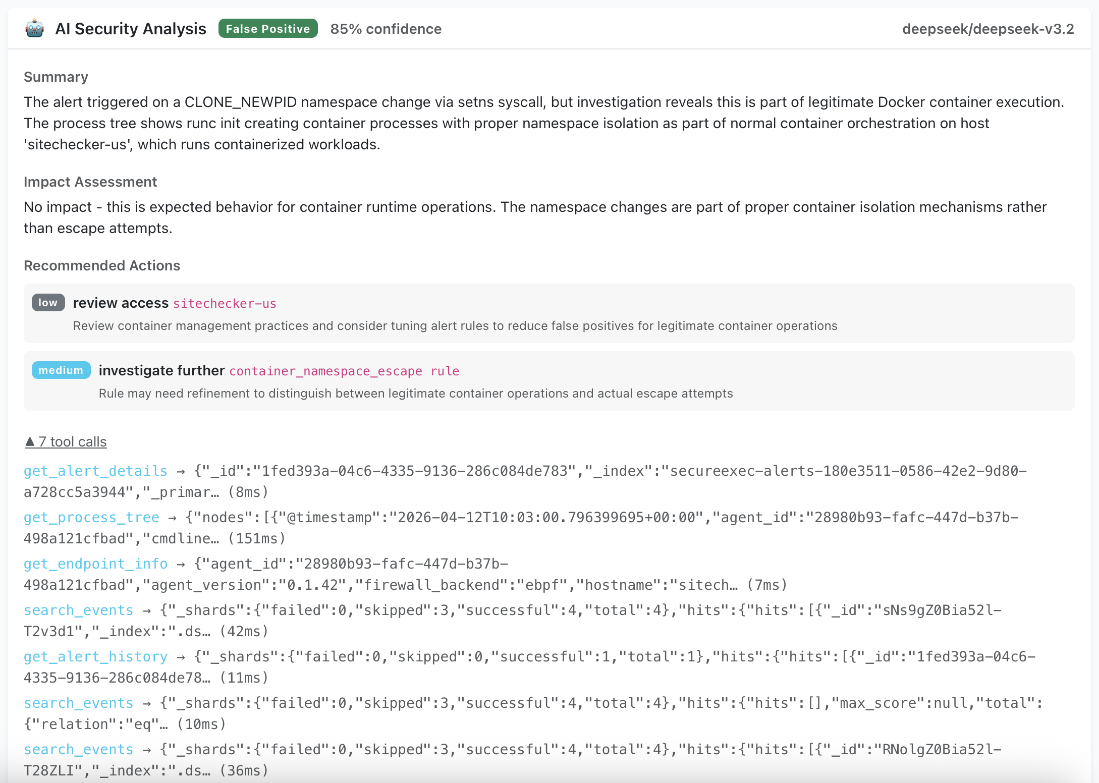 AI investigation — false positive container namespace change with 85% confidence